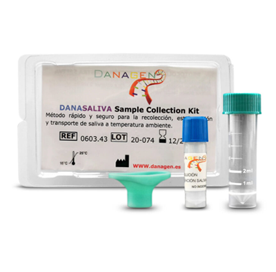 Kit DANASALIVA Sample Collection per la raccolta del campione salivare nel test di Eurofins Genoma, composto da contenitore, soluzione di conservazione e provetta graduata.