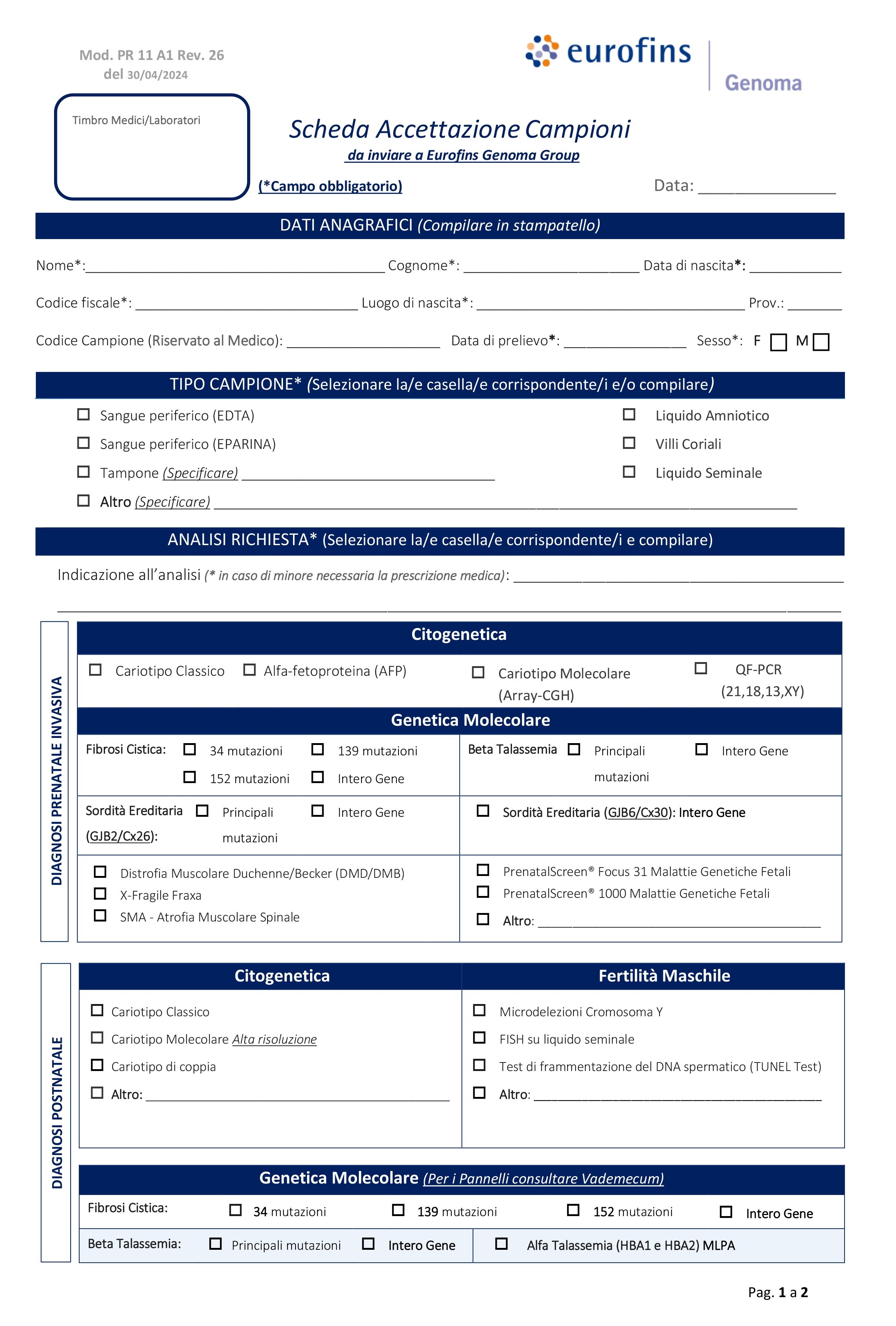 Immagine del modulo di accettazione campioni Eurofins Genoma, utilizzato per raccogliere i dati anagrafici del paziente, il tipo di campione, e l'analisi richiesta. Questo modulo deve essere compilato e firmato per accompagnare il campione inviato al laboratorio, garantendo la corretta gestione e identificazione del campione per le analisi richieste.