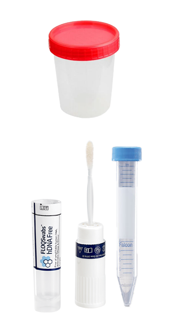 Kit per la raccolta del materiale abortivo nel test di Eurofins Genoma, comprendente un contenitore sterile con soluzione fisiologica, un tampone FLOQSwabs e una provetta sterile.