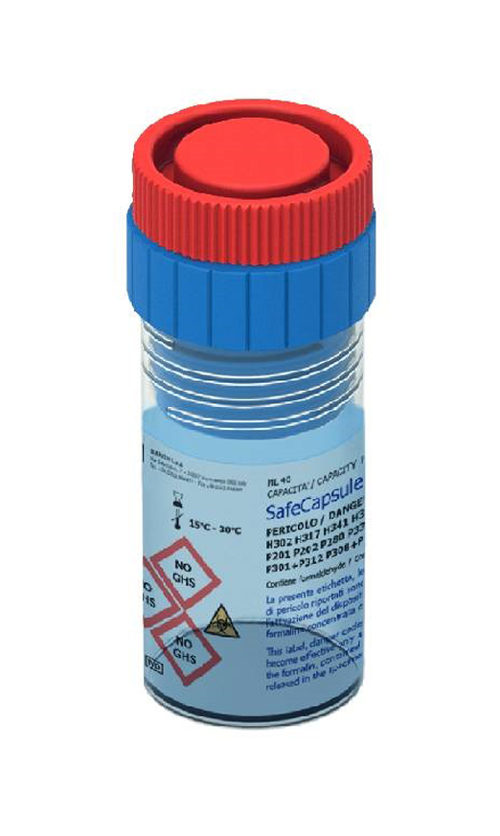 Contenitore SafeCapsule con formalina utilizzato per la raccolta e conservazione delle biopsie nel test di Eurofins Genoma.